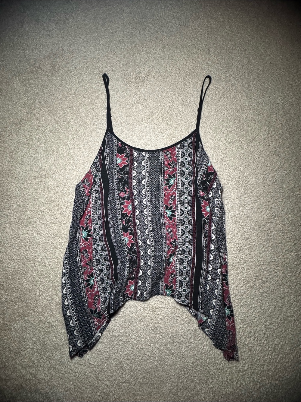 Chloe K Black & Burgundy Floral Stripe Handkerchief-Hem Cami